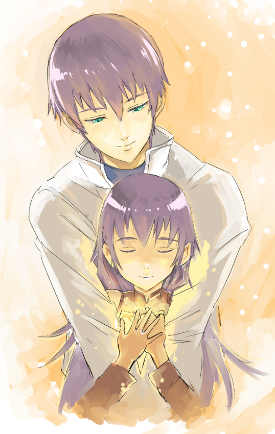 age_difference, amami_christmas, amami_kurau, closed_eyes, glowing, green_eyes, hirokazu, hug