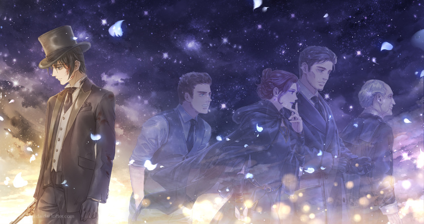 1girl, 4boys, beard, black_dress, black_gloves, black_hair, black_headwear, black_neckwear