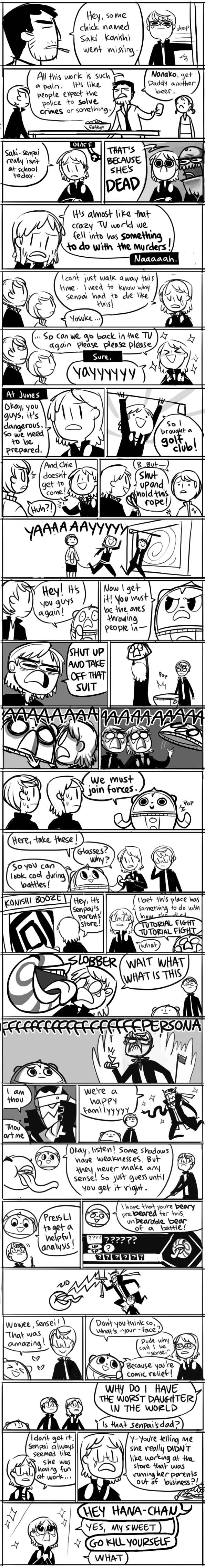 absurdres, comic, doujima_nanako, doujima_ryoutarou, english, hanamura_yousuke, highres, humor, izanagi, kinshiro_morooka, konishi_saki, kuma_(persona_4), monochrome, narukami_yuu, parody, peachifruit, persona, persona_4, principal, satonaka_chie, seta_souji, summary