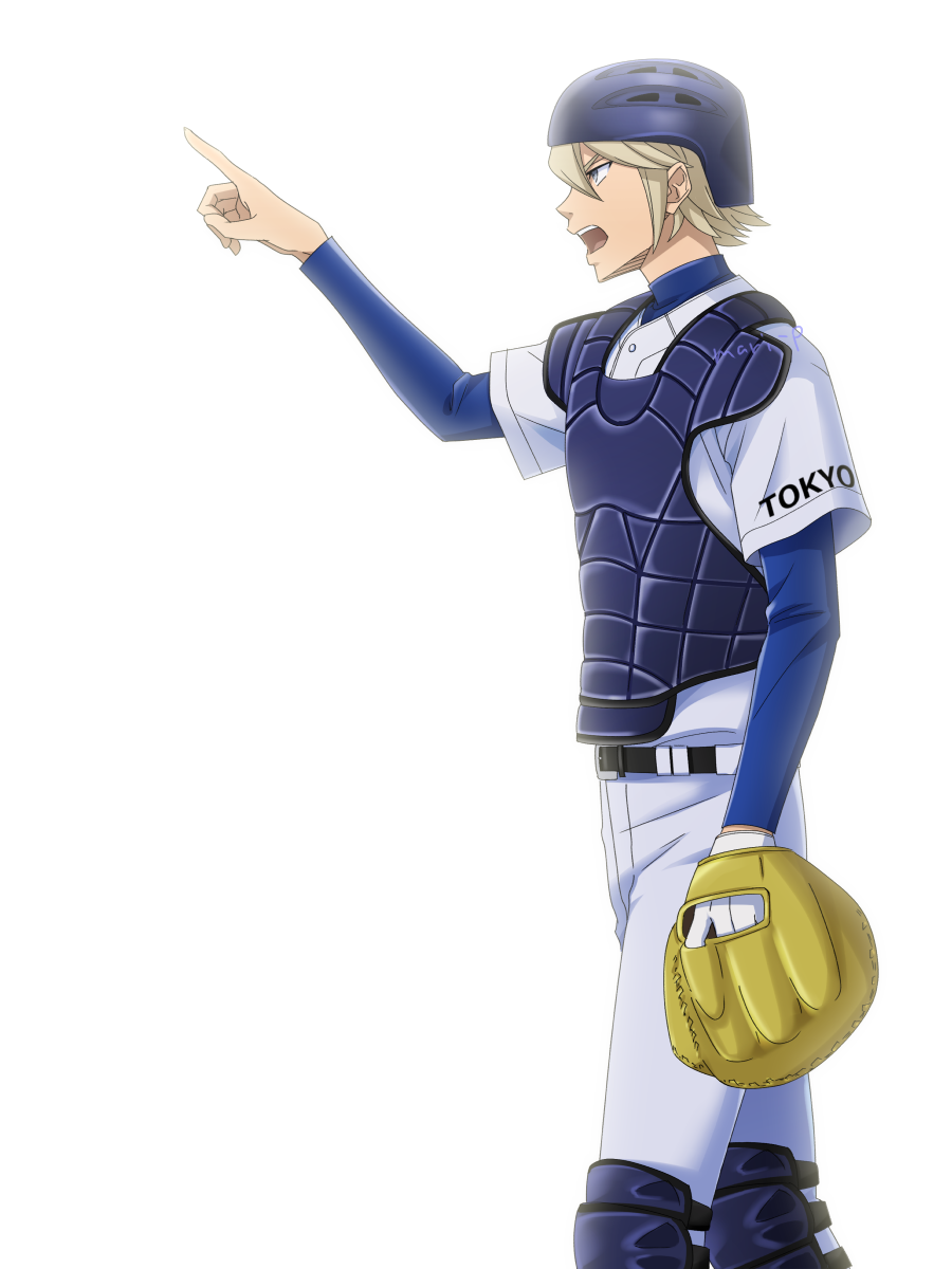 1boy, ace_of_diamond, baseball_mitt, baseball_uniform, blonde_hair, blue_eyes, gloves, hair_between_eyes