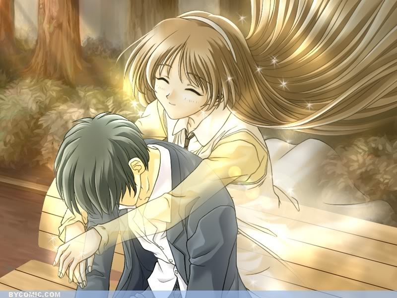 1boy, 1girl, bench, black_hair, brown_hair, closed_eyes, couple, ghost, hairband, hizuki_ayaka, hug, hug_from_behind, long_hair, memories_off, memories_off_1, mikami_tomoya, on_bench, park, park_bench, short_hair, sitting, sitting_on_bench, smile