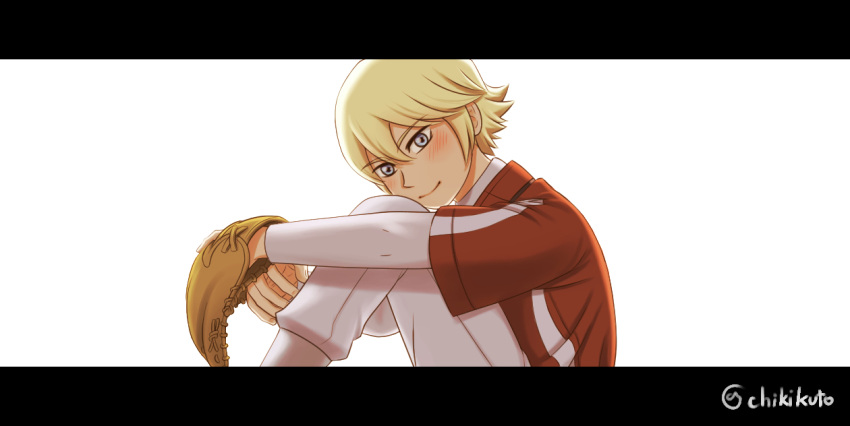 1boy, ace_of_diamond, baseball_mitt, blonde_hair, blue_eyes, blush, chikikuto, knee_up