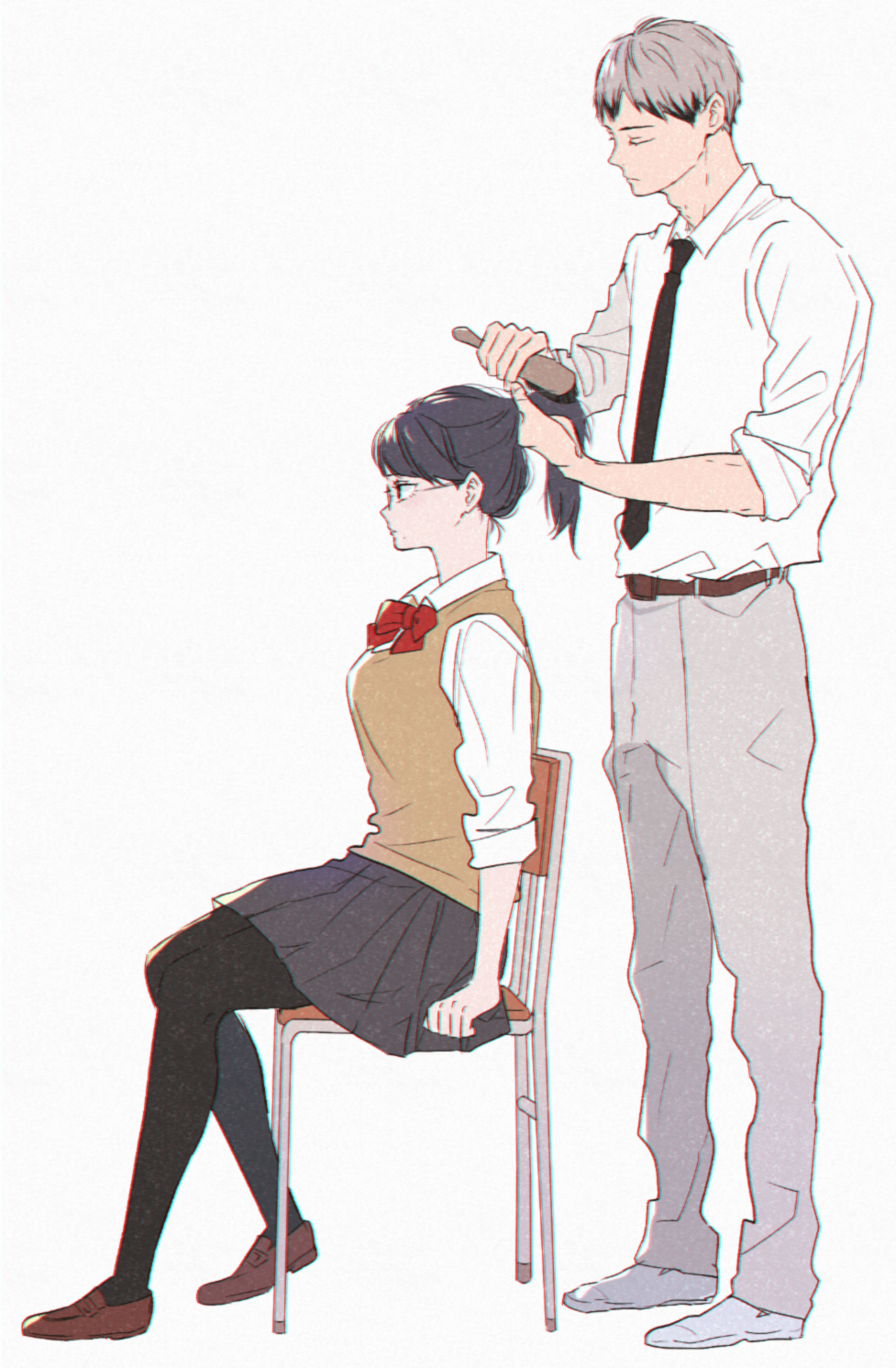 1boy, 1girl, belt, belt_buckle, black_eyes, black_hair, black_legwear, black_neckwear