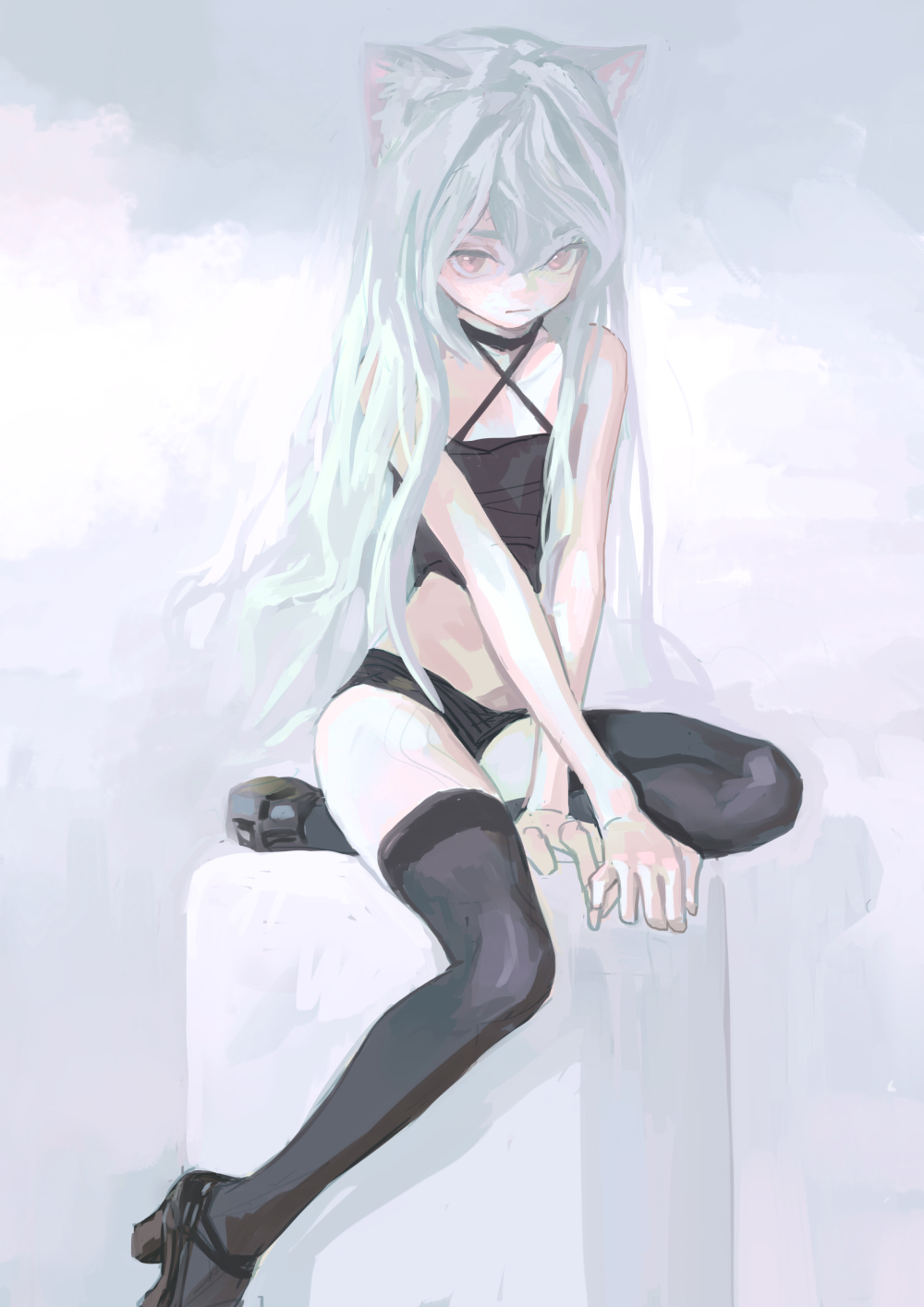 1girl, animal_ear_fluff, animal_ears, black_footwear, black_halter_top, black_legwear, black_panties, cat_ears
