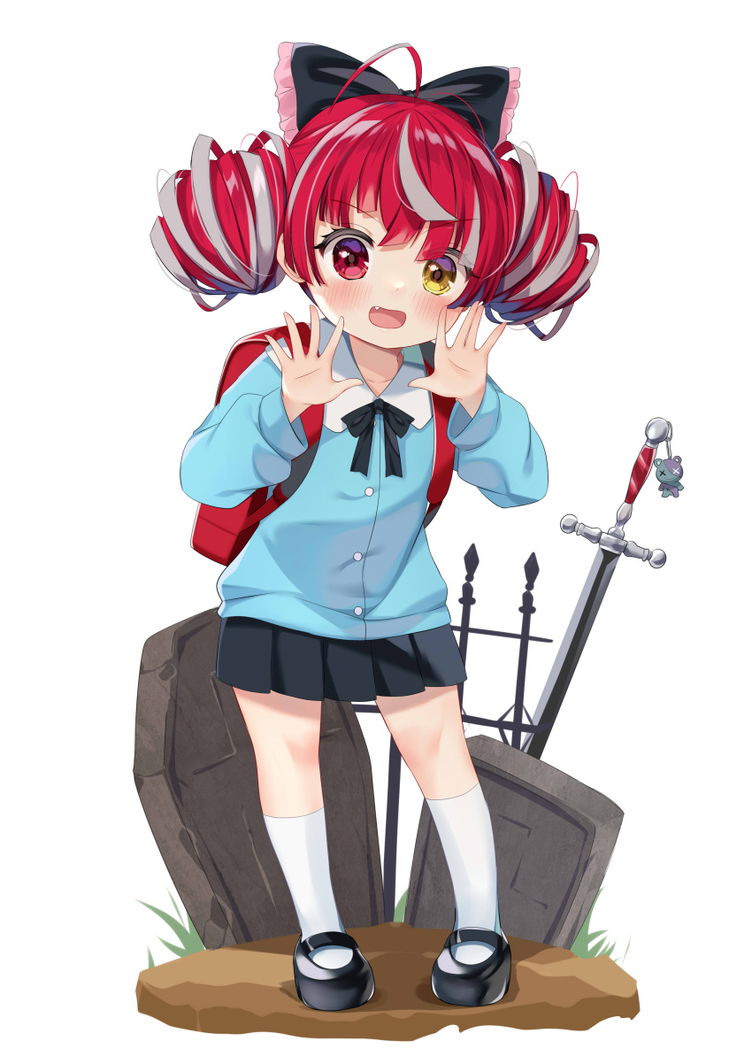 1girl, :d, absurdres, alternate_skin_color, backpack, bag, bangs, black_bow