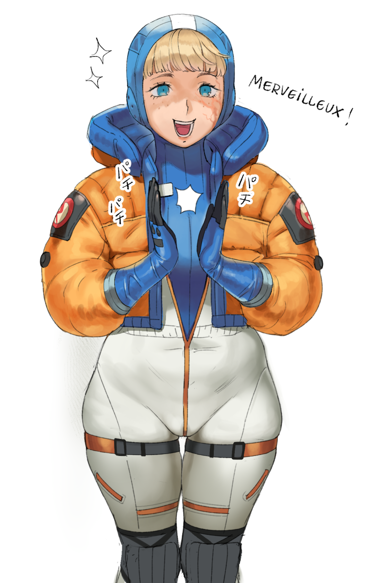1girl, apex_legends, blonde_hair, blue_eyes, blue_gloves, bodysuit, conto, french_text