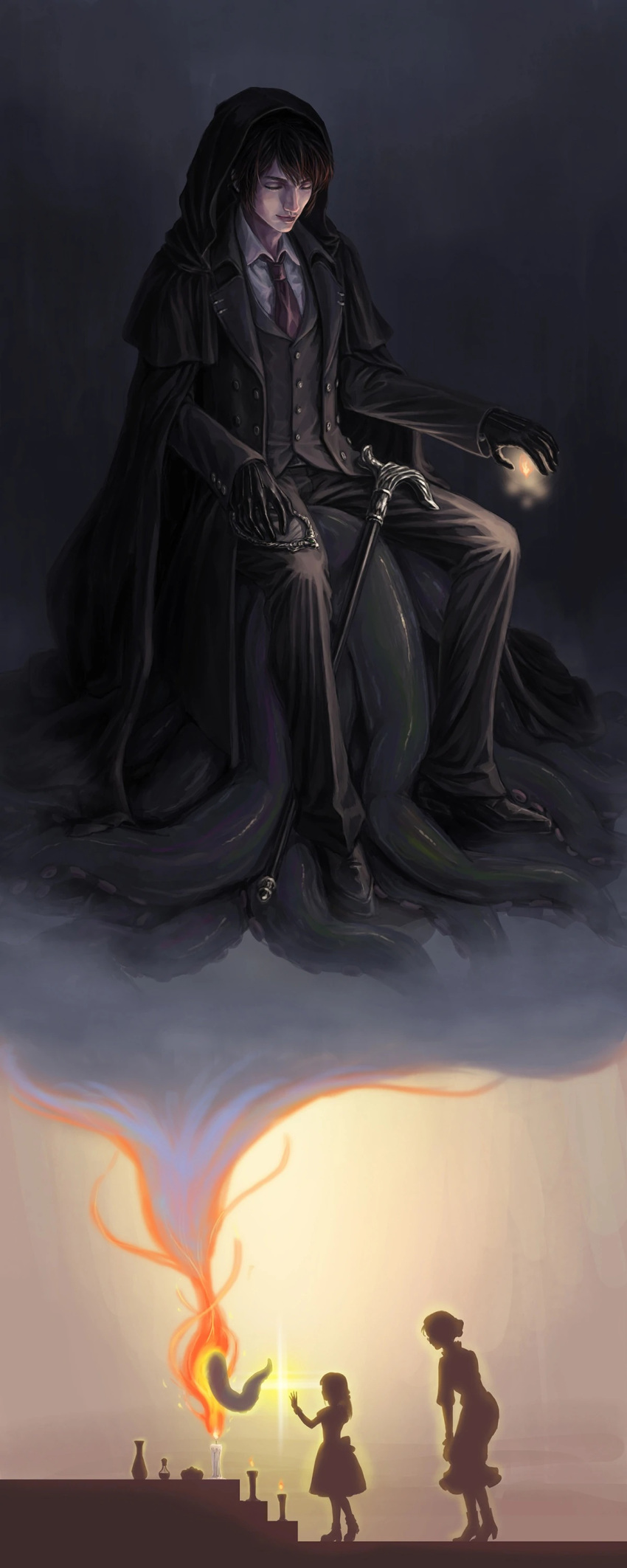 1boy, 2girls, absurdres, arrodes_(lord_of_the_mysteries), aunt_and_niece, black_cloak, black_footwear, black_gloves