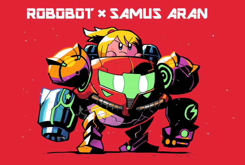 absurdres, blonde_hair, blue_eyes, cosplay, crossover, frown, furrowed_eyebrows, highres, kirby, kirby:_planet_robobot, kirby_(series), mecha, metroid, ponytail, rariatto_(ganguri), red_background, robobot_armor, samus_aran, samus_aran_(cosplay), varia_suit