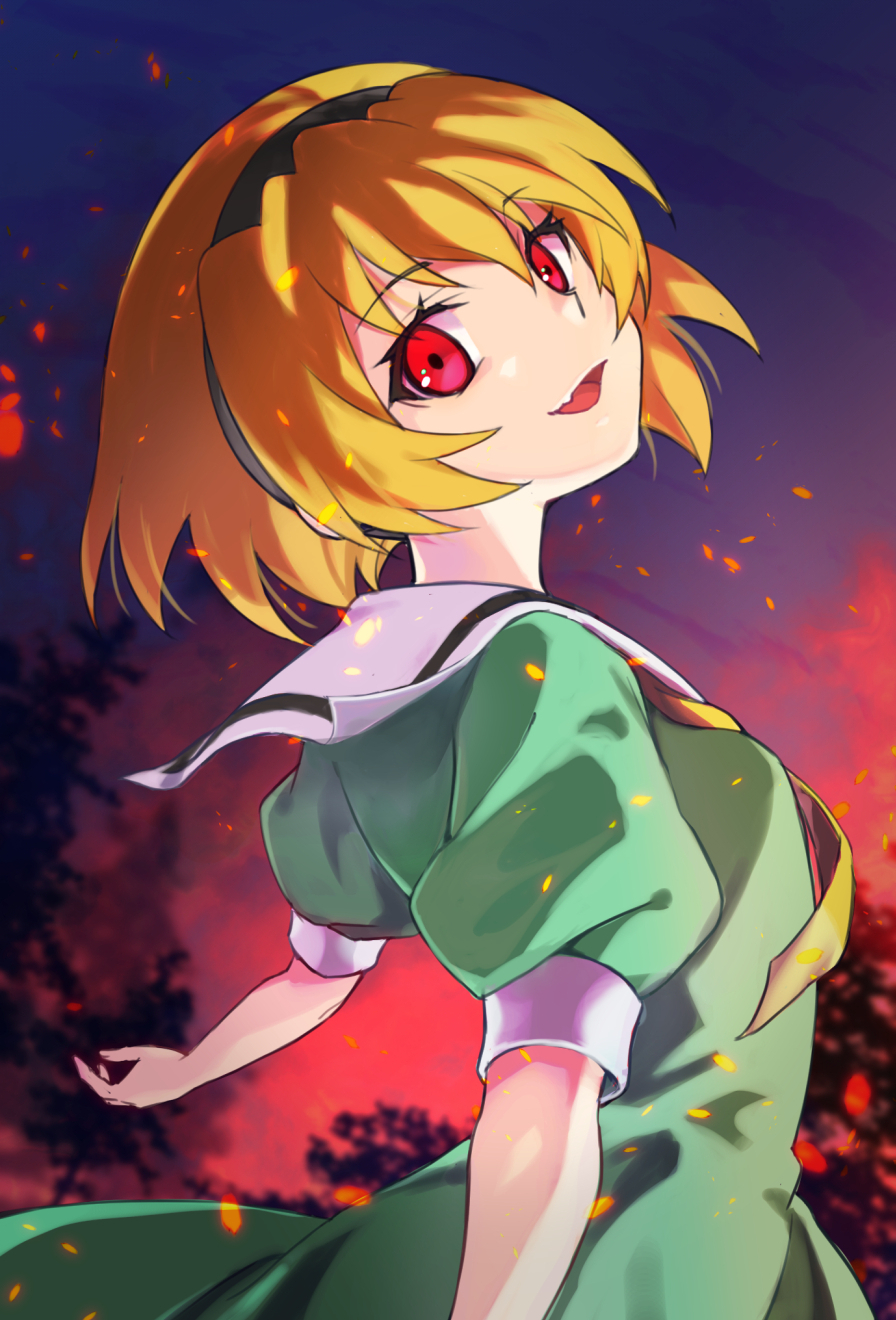 1girl, blonde_hair, dress, green_dress, headband, highres, higurashi_no_naku_koro_ni, houjou_satoko