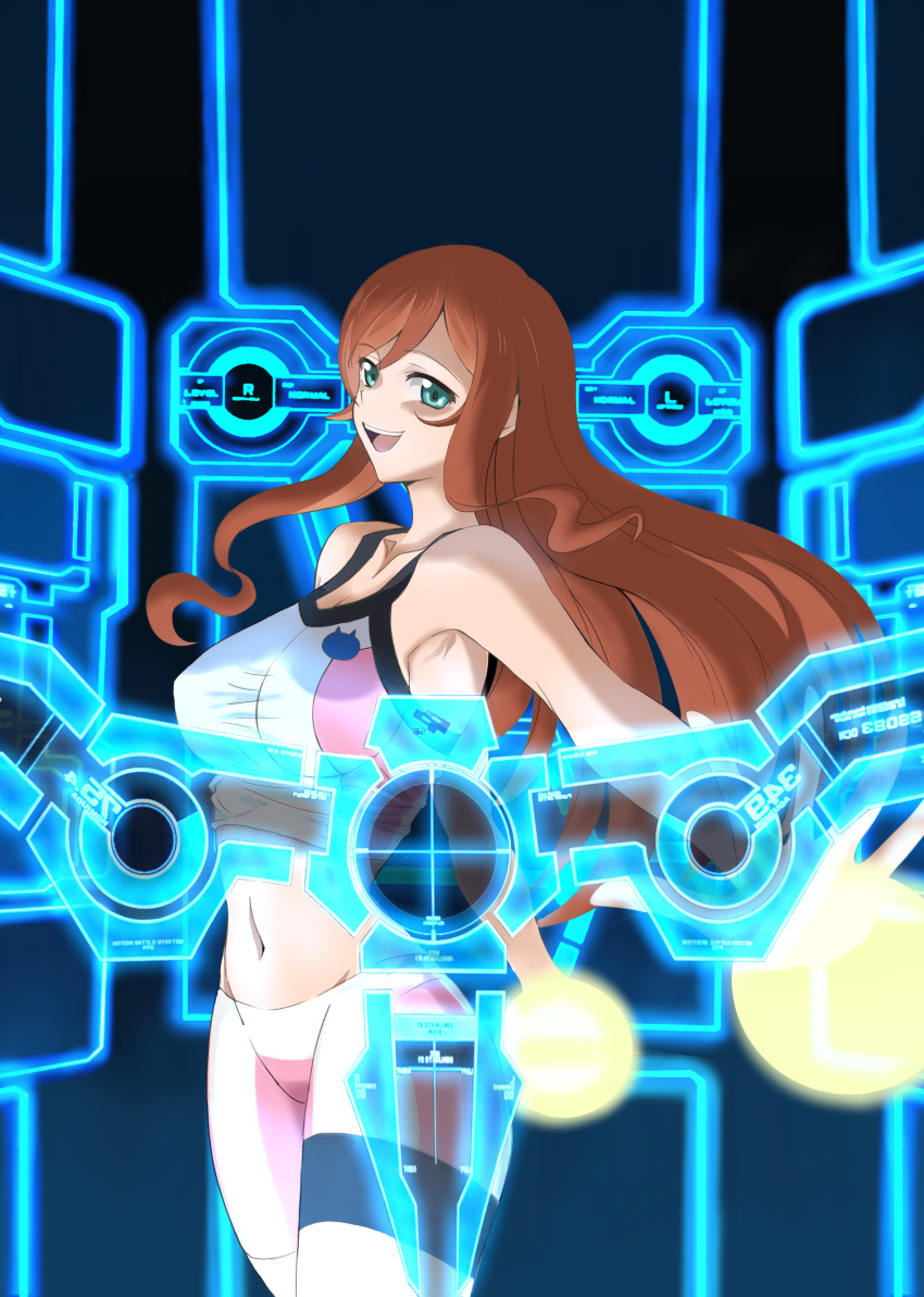 absurdres, armpit_peek, breasts, brown_hair, collarbone, cosplay, floating_hair, green_eyes
