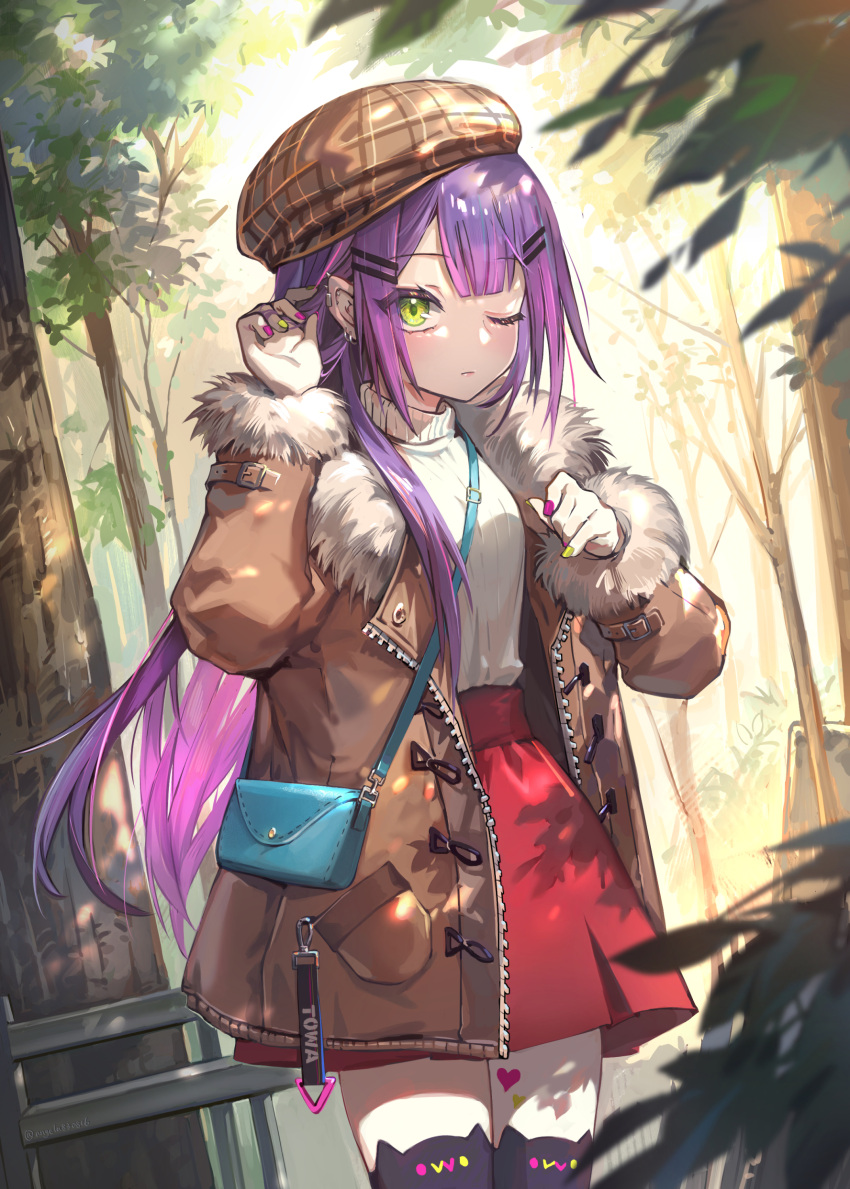 1girl, absurdres, animal_ear_legwear, bag, bangs, beret, black_legwear, breasts
