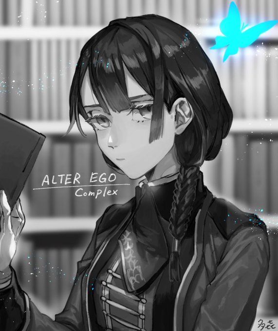 1girl, alter_ego_(game), book, bookshelf, braid, braided_ponytail, butterfly, es_(alter_ego)
