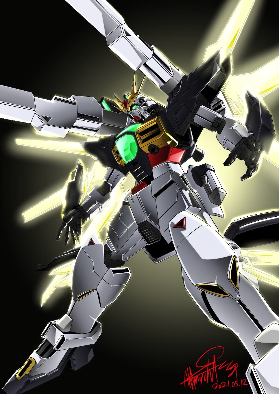 after_war_gundam_x, black_background, dated, glowing, glowing_eye, green_eyes, gundam, gundam_double_x, highres, mecha, mobile_suit, no_humans, open_hands, science_fiction, shoulder_cannon, signature, solo, v-fin, zzz_sakaz