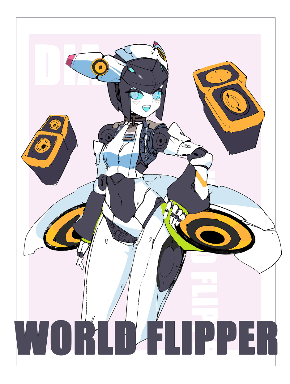 1girl, android, blue_eyes, blue_sclera, border, breasts, character_name, colored_sclera