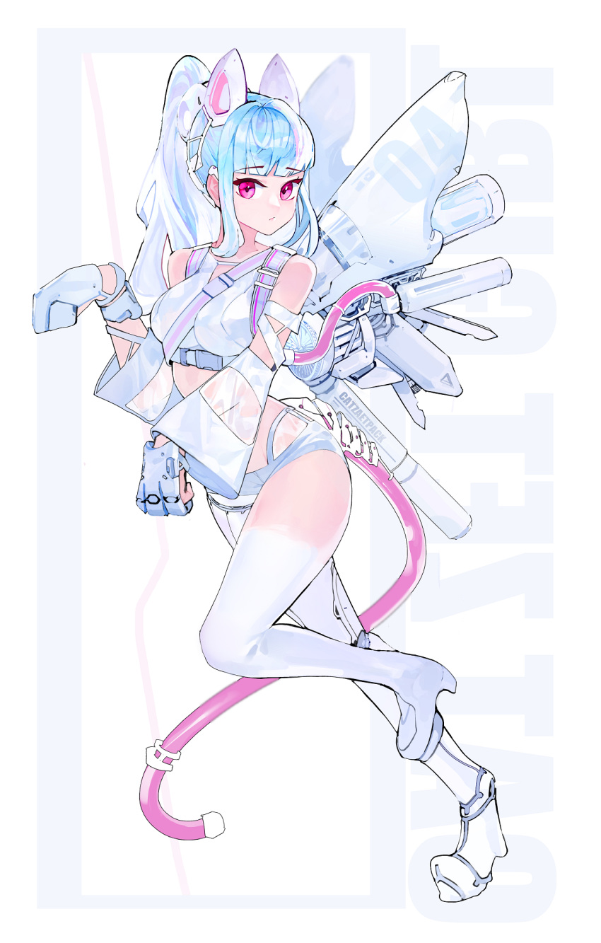 1girl, animal_ears, bangs, blue_hair, boots, breasts, cat_ears, cat_tail, crop_top, detached_sleeves, eyebrows_visible_through_hair, highres, looking_at_viewer, mecha_musume, mechanical_ears, mechanical_tail, medium_breasts, original, paw_pose, ponytail, red_eyes, science_fiction, see-through_sleeves, solo, tail, thigh-highs, thigh_boots, thrusters, weaselweasel, white_footwear
