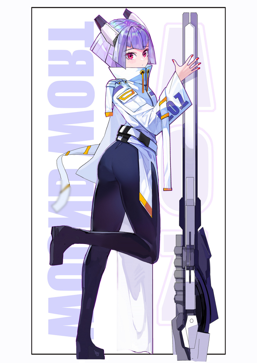 1girl, advance_of_zeta, ass, bangs, belt, black_legwear, from_side, gun