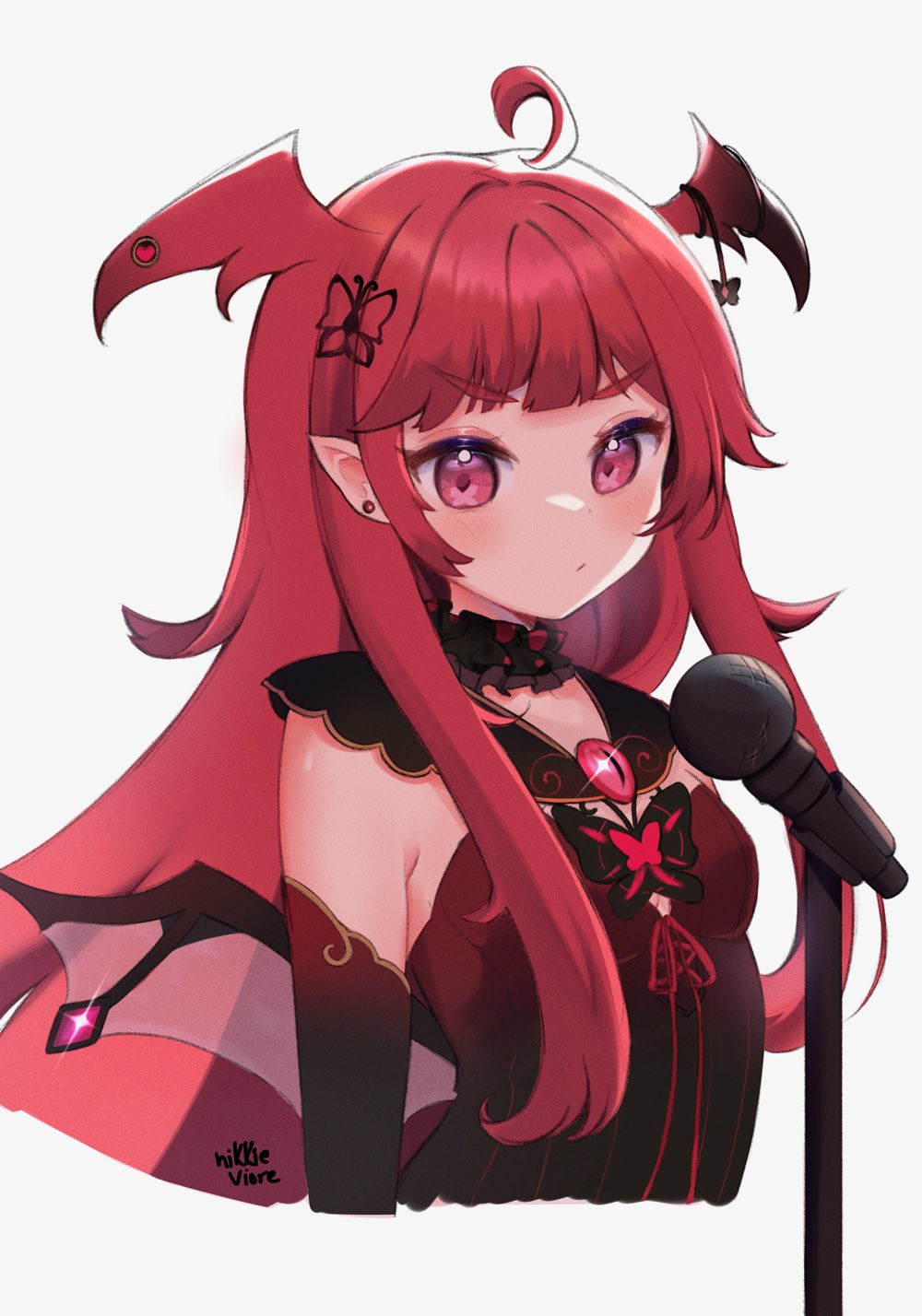 1girl, araka_luto, artist_name, bangs, black_dress, breasts, butterfly_hair_ornament, cowlick