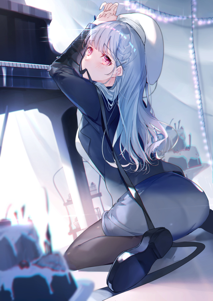 1girl, arms_up, ass, bangs, beret, black_footwear, black_jacket, black_legwear