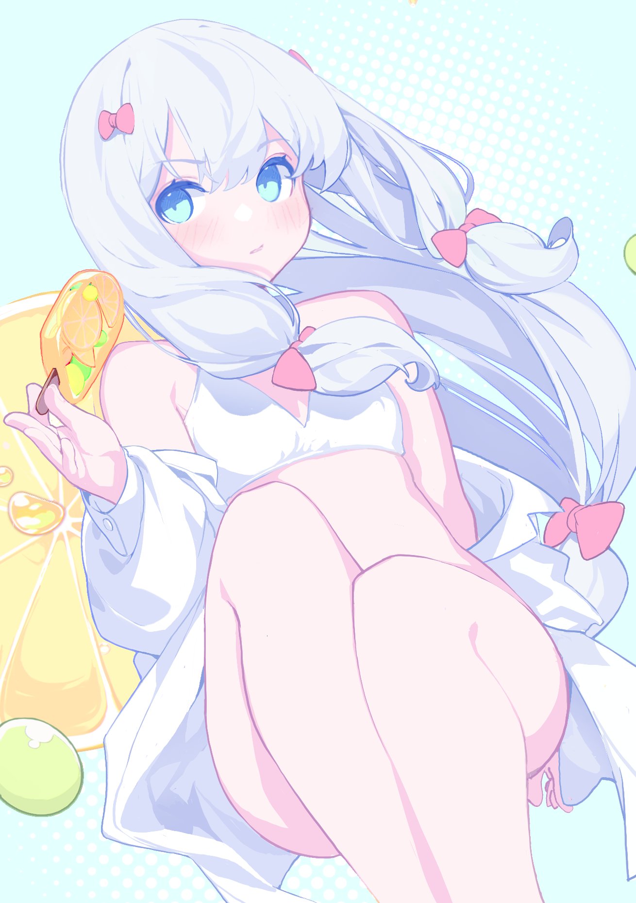 1girl, amejaga, bangs, bikini, blue_background, blue_eyes, blush, bow