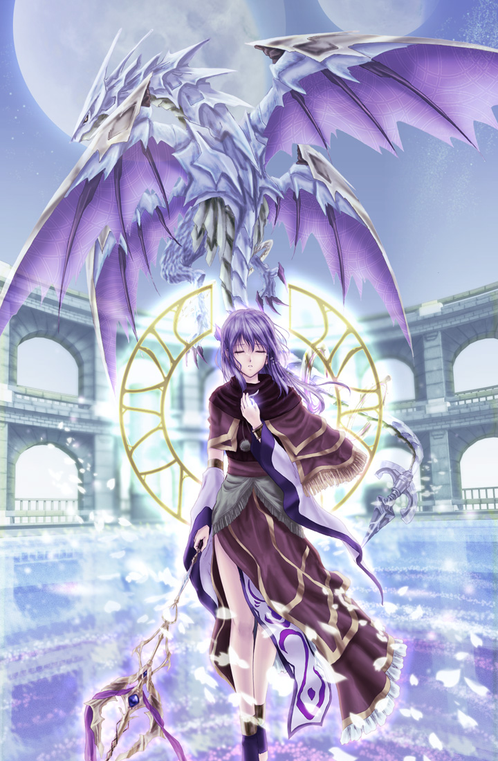 dragon, falcom, ntake_toukasaien, petals, purple_hair, spoilers, staff, tia_(ys), tialuna, wind, ys, ys_vii