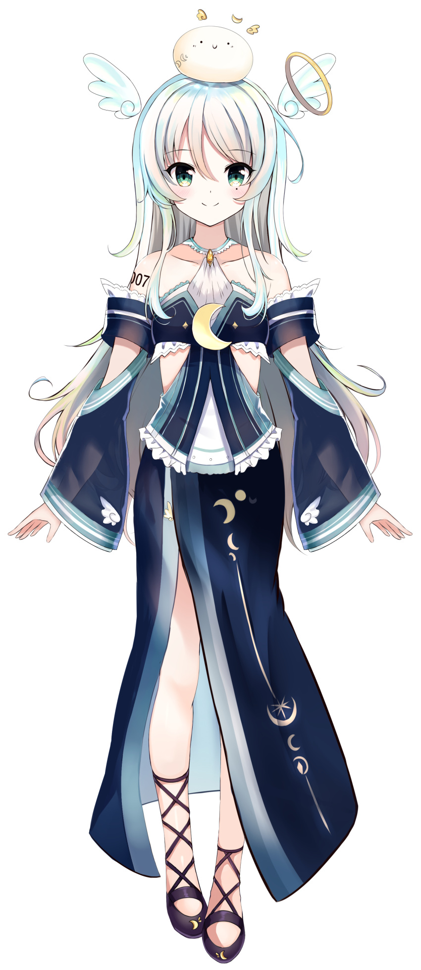 1girl, absurdres, bangs, bare_shoulders, black_footwear, blue_dress, blush, closed_mouth