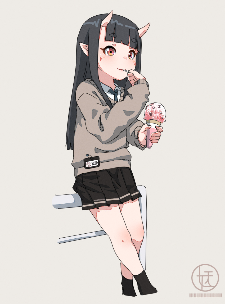 1girl, bangs, black_hair, black_legwear, black_neckwear, black_skirt, blush, brown_eyes