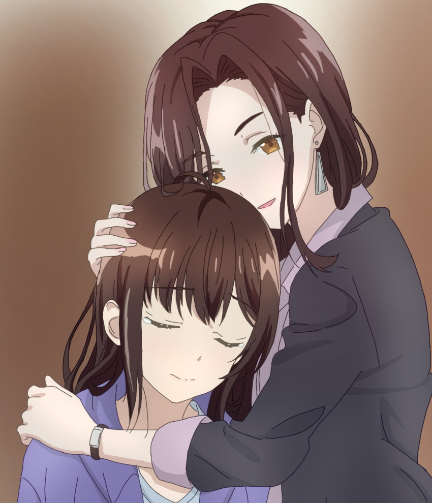 2girls, bracelet, brown_eyes, brown_hair, closed_eyes, earrings, eyebrows_visible_through_hair, gotou_airi