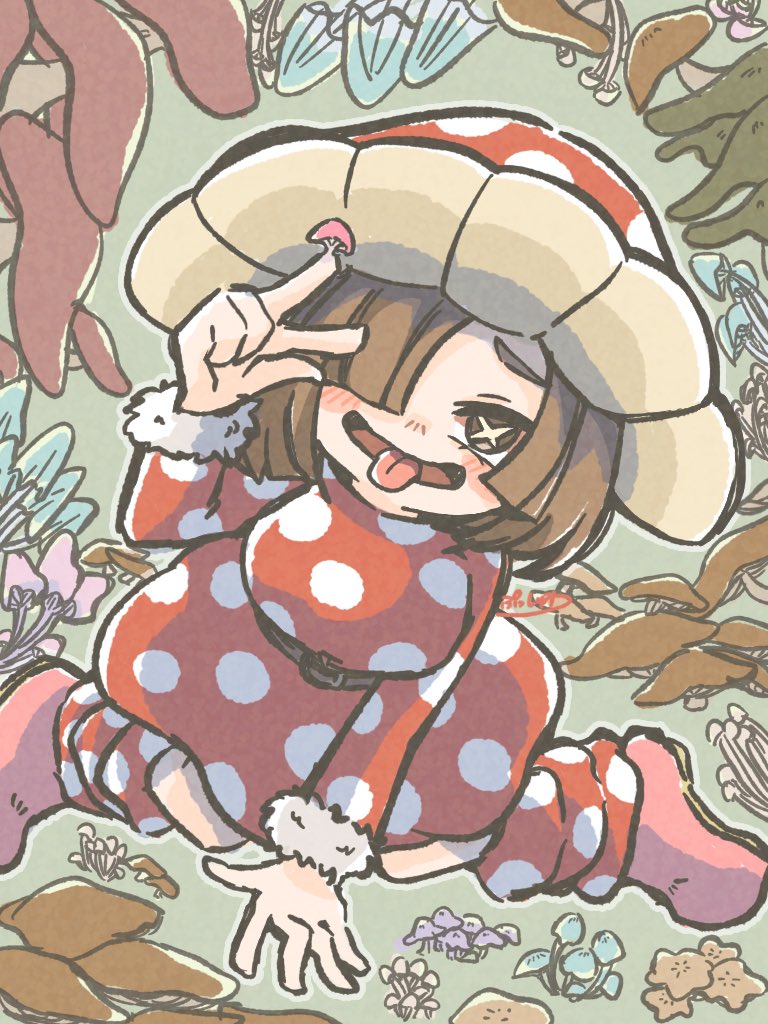 1girl, bangs, belt, blush, boku_no_hero_academia, boots, brown_eyes, brown_hair, commentary_request, dress, fur_trim, green_background, hair_over_one_eye, hat, komori_kinoko, long_sleeves, mushroom, mushroom_hat, open_mouth, pink_footwear, polka_dot, polka_dot_dress, pusshwa, red_dress, short_hair, smile, solo, symbol_commentary, tongue, tongue_out, w, x-shaped_pupils