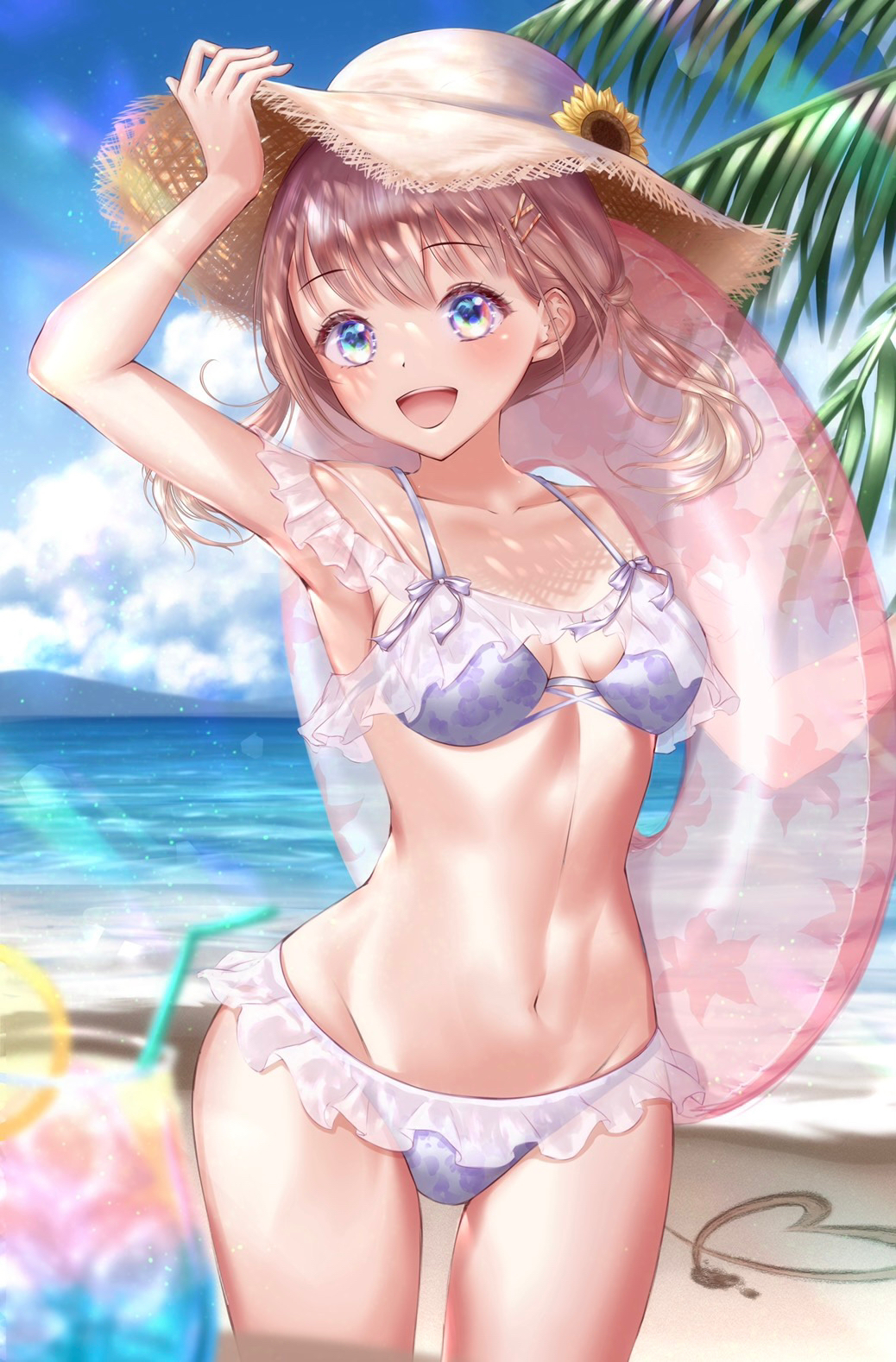 1girl, :d, arm_up, bangs, beach, bikini, blonde_hair, blurry