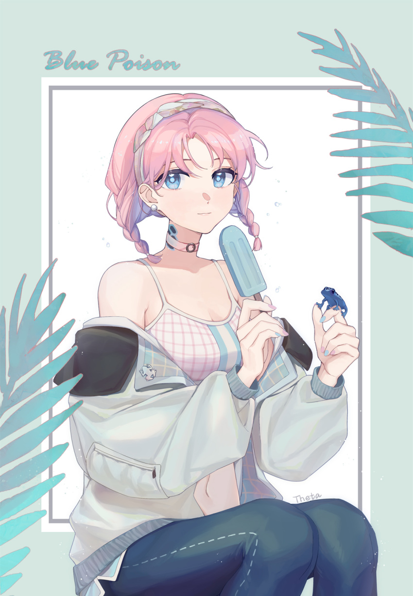 1girl, animal_on_hand, arknights, bangs, bare_shoulders, blue_eyes, blue_nails, blue_pants, blue_poison_(arknights), blue_poison_(shoal_beat)_(arknights), camisole, character_name, choker, feet_out_of_frame, food, frog, grey_jacket, hairband, hands_up, highres, holding, holding_food, jacket, leggings, long_sleeves, looking_at_viewer, midriff, nail_polish, navel, off_shoulder, open_clothes, open_jacket, pants, pink_choker, pink_hair, poison_dart_frog, popsicle, short_hair, sitting, solo, spaghetti_strap, sports_bra, stomach, theta_(swfh8575)