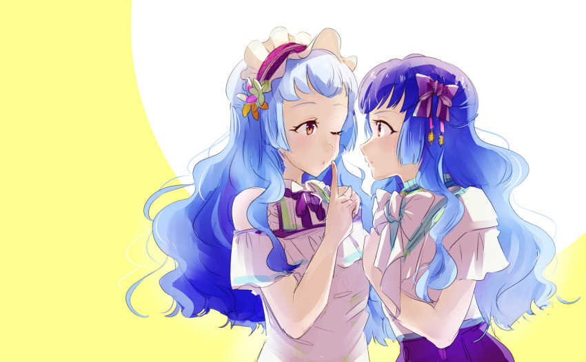 2girls, :o, ;o, aikatsu!_(series), aikatsu_friends!, bare_shoulders, blouse, blue_hair