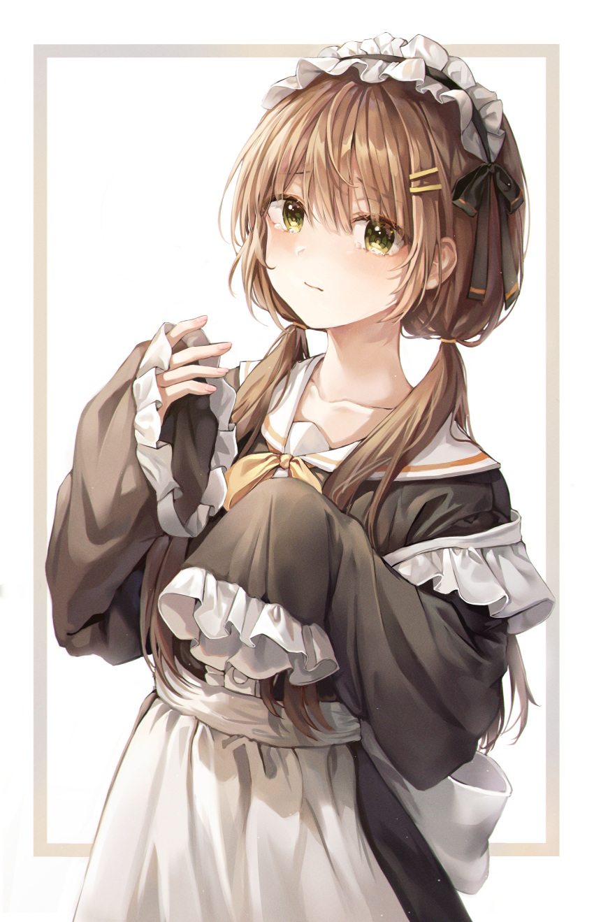 1girl, absurdres, apron, blush, bobby_pin, brown_hair, closed_mouth, crying