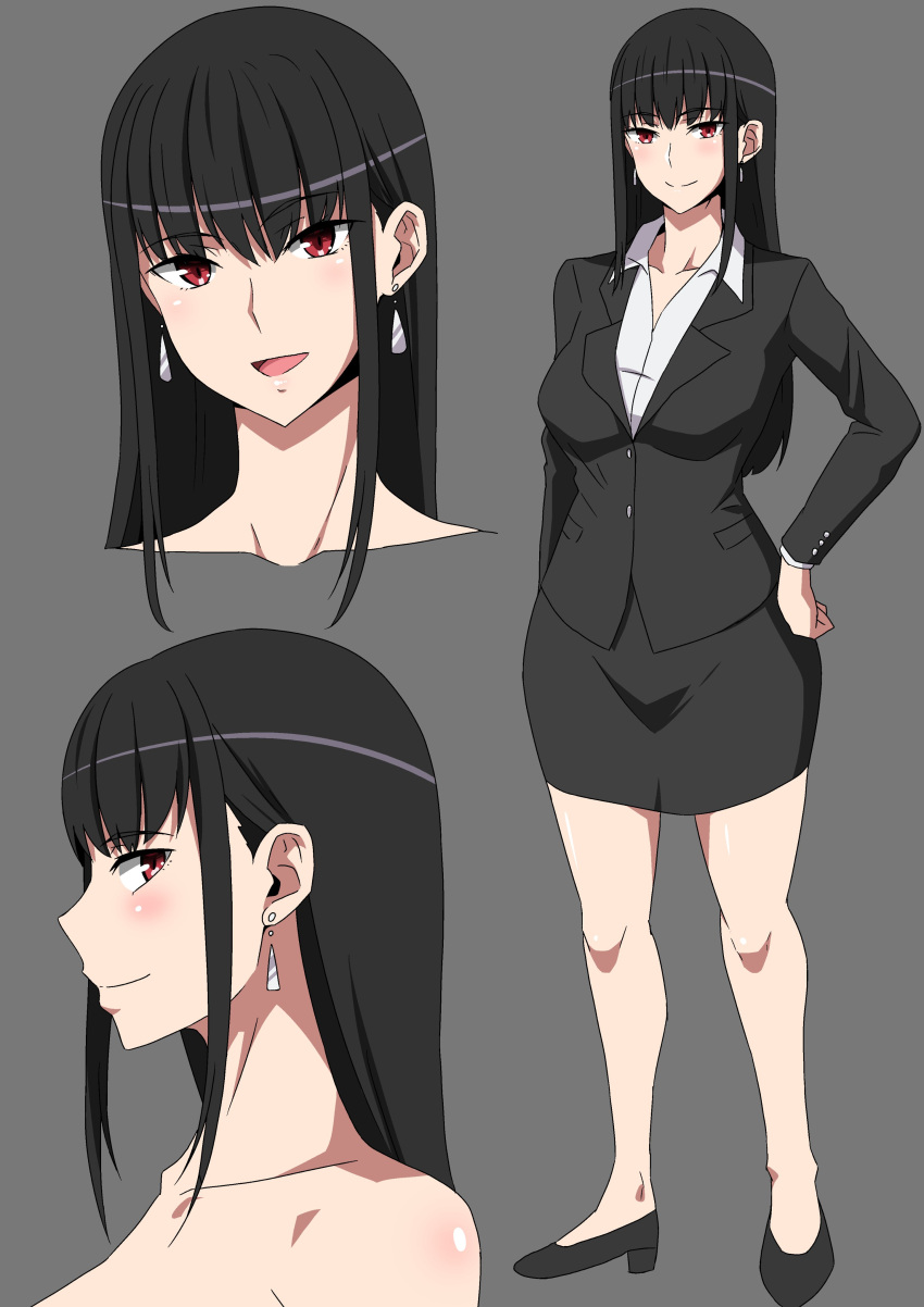 1girl, absurdres, bangs, black_hair, black_skirt, black_suit, blush, breasts