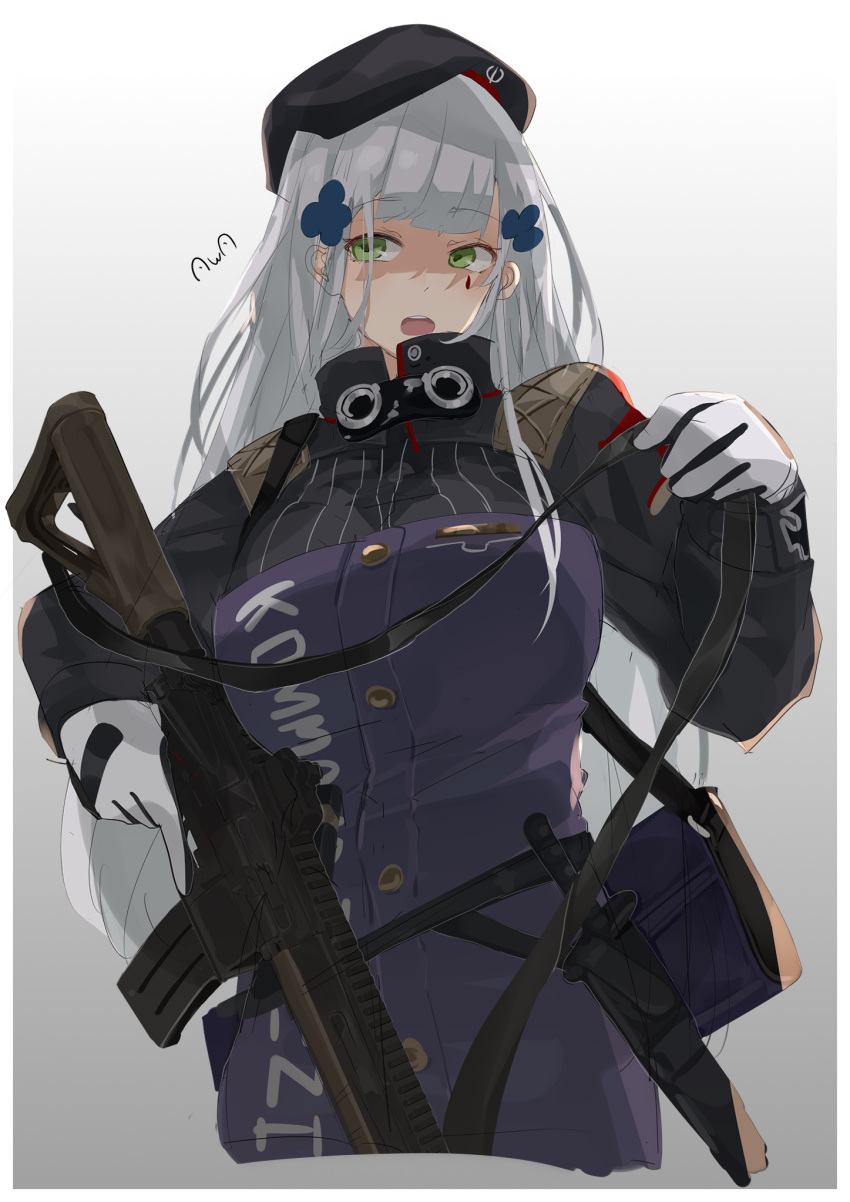 1girl, artist_name, assault_rifle, bag, bangs, beret, breasts, eyebrows_visible_through_hair