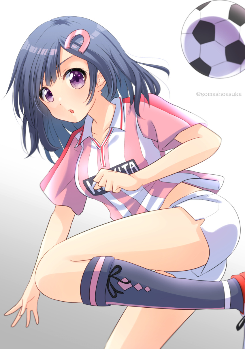 1girl, :o, argyle, argyle_legwear, ball, black_hair, black_legwear, gomashio_star