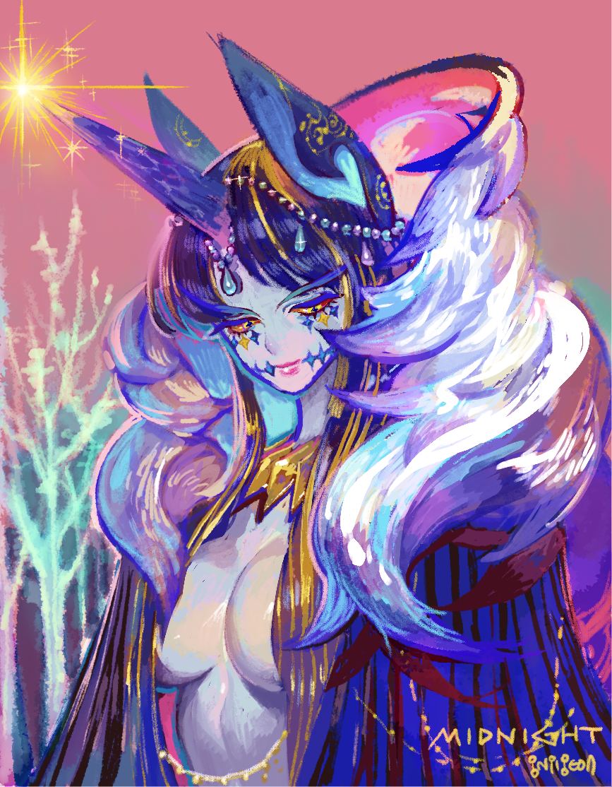 1girl, animal_ears, breasts, character_name, closed_mouth, coat, colored_sclera, colored_skin, diadem, glint, grey_skin, horns, horse_ears, jewelry, medium_breasts, midnight_sparkle, my_little_pony, my_little_pony_friendship_is_magic, naked_coat, pigeon666, pink_background, red_sclera, signature, single_horn, solo, star_facial_mark, tree, upper_body, yellow_eyes