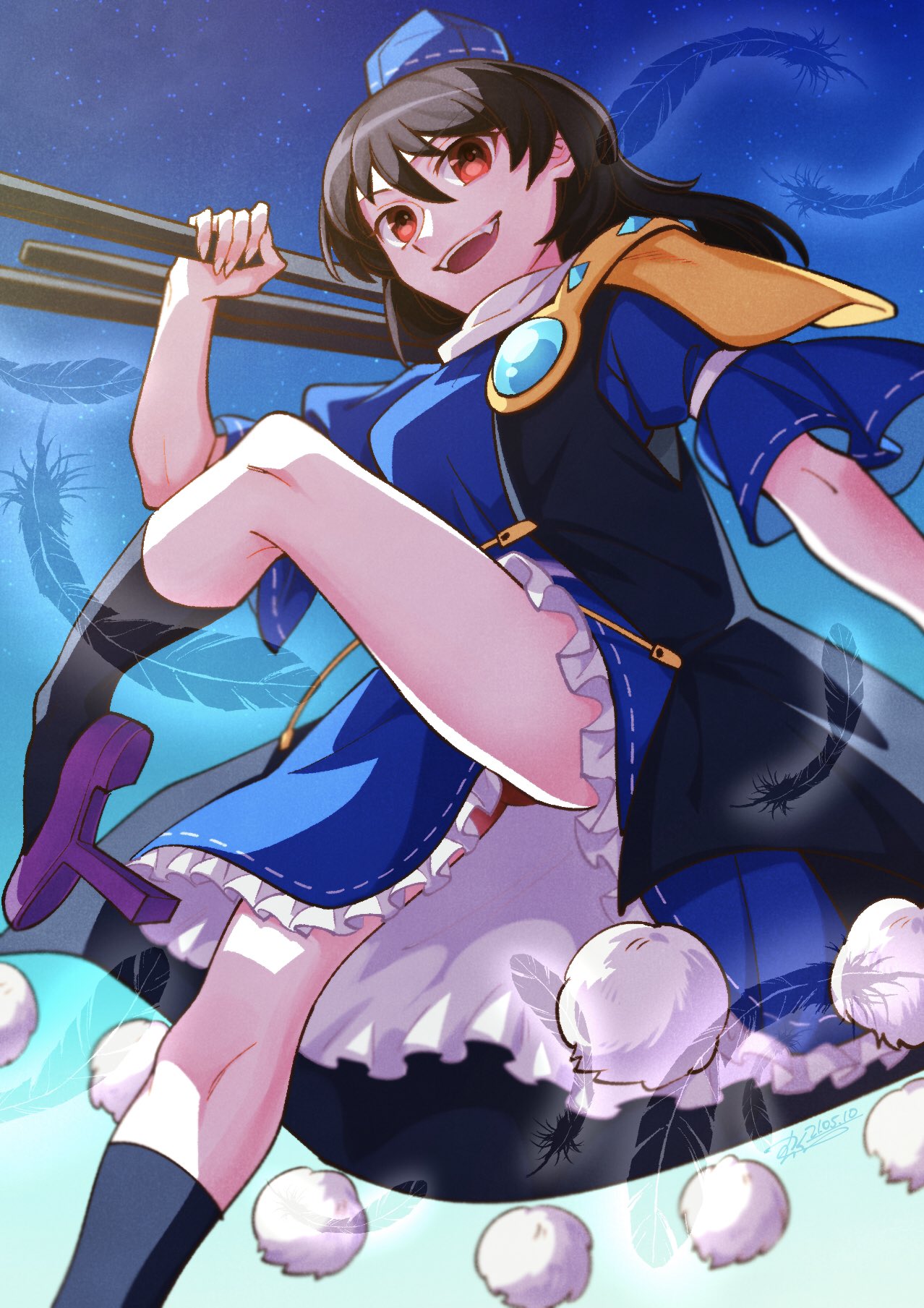 bangs, black_legwear, blue_headwear, blue_sleeves, eyebrows_visible_through_hair, feathers, hair_between_eyes, hand_up