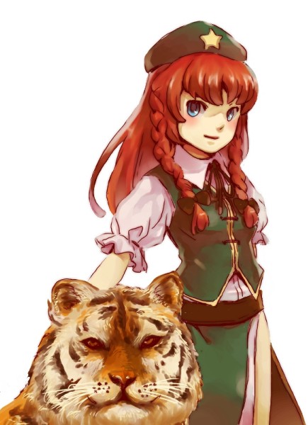 blue_eyes, braid, hat, hong_meiling, red_hair, redhead, takahashi_riku, tiger