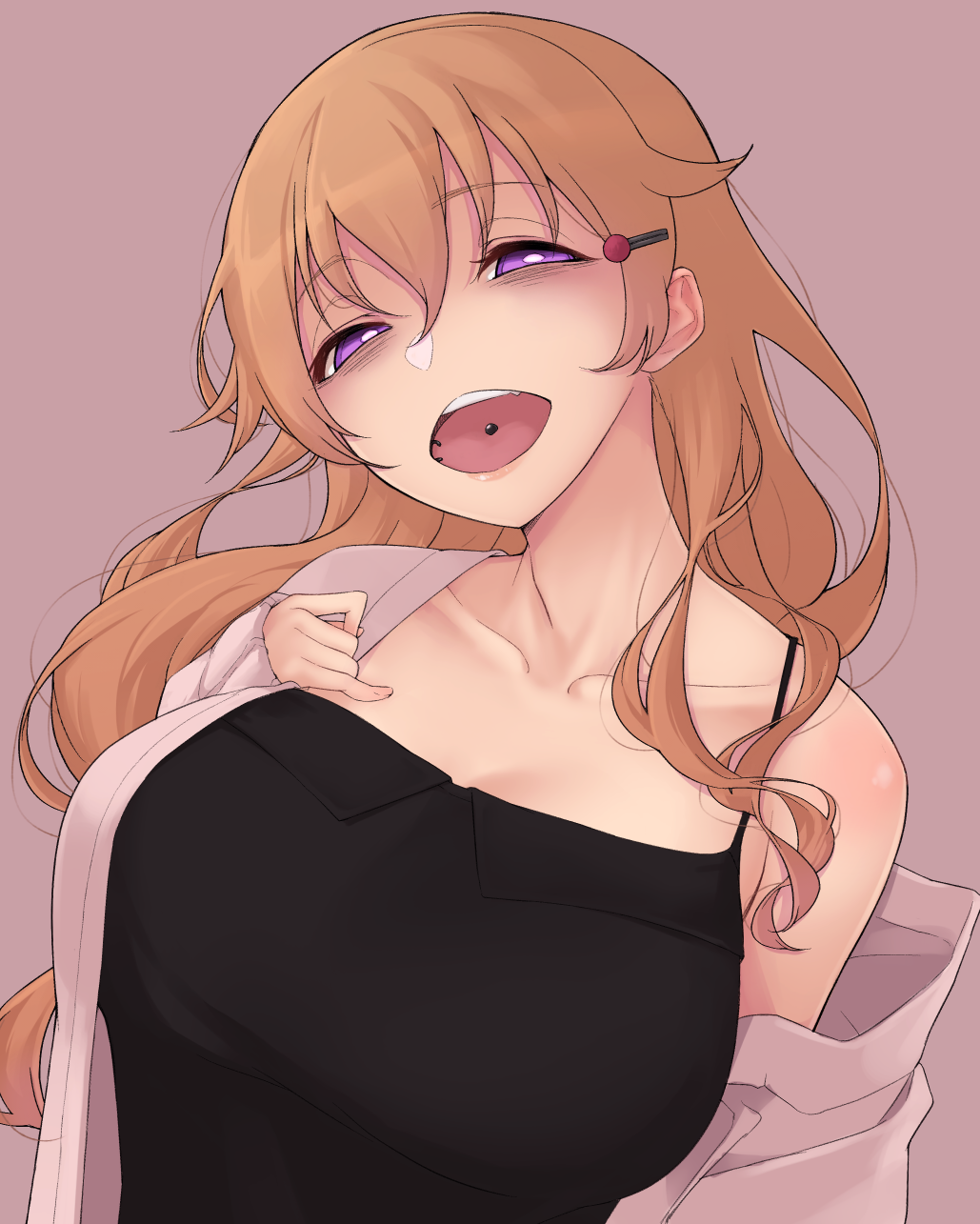 1girl, :d, bags_under_eyes, black_shirt, breasts, fingernails, hair_ornament, hairclip, half-closed_eyes, hand_on_own_chest, head_tilt, highres, jacket, konoe_kanata, large_breasts, lbud, long_hair, looking_at_viewer, love_live!, love_live!_nijigasaki_high_school_idol_club, nasuno_(nasuno42), off_shoulder, open_clothes, open_jacket, open_mouth, piercing, pink_background, pink_jacket, shirt, simple_background, smile, solo, tongue_piercing, upper_teeth, violet_eyes