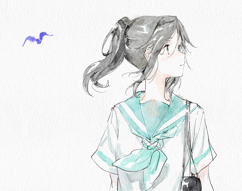 1girl, bag, bird, black_hair, blue_bird, blue_eyes, blue_neckwear, blue_sailor_collar