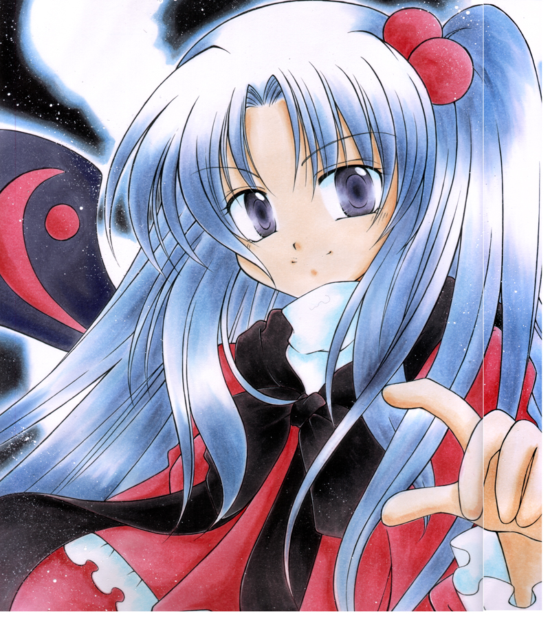 grey_eyes, hair_bobbles, hair_ornament, kazra, long_hair, shinki, side_ponytail, solo