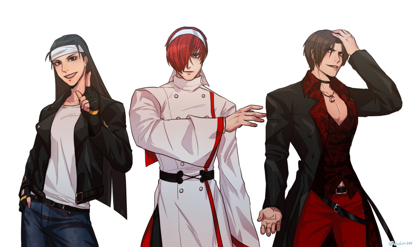 1girl, 2boys, absurdres, bangs, belt, black_belt, black_eyes, black_gloves