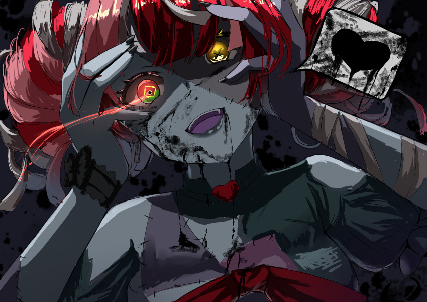 1girl, absurdres, bandages, black_nails, colored_skin, glowing, glowing_eyes, grey_skin
