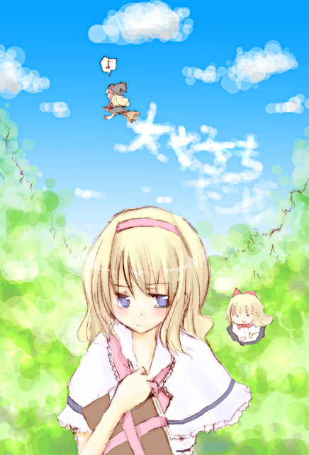 blonde_hair, blue_eyes, book, broom, broom_riding, capelet, cloud, clouds