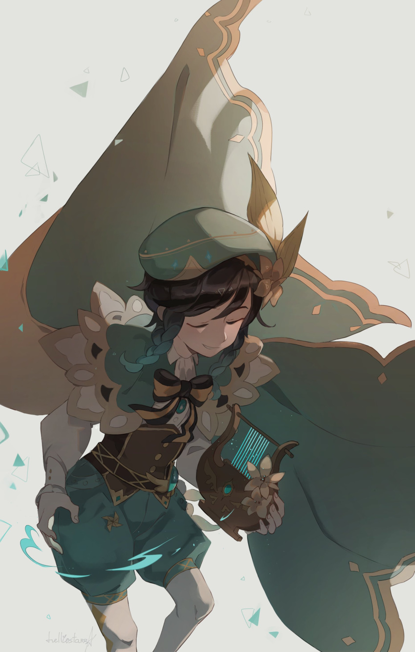 1boy, absurdres, androgynous, argyle, argyle_legwear, bangs, beret, black_hair, blue_hair, bow, brooch, cape, closed_eyes, collared_cape, collared_shirt, corset, english_commentary, eyebrows_visible_through_hair, feathers, flower, frilled_sleeves, frills, gem, genshin_impact, gradient_hair, green_headwear, green_shorts, hat, hat_flower, helliostarr, highres, holding, holding_instrument, instrument, jewelry, leaf, long_sleeves, lyre, male_focus, multicolored_hair, open_mouth, pantyhose, pinwheel, shirt, short_hair_with_long_locks, shorts, simple_background, smile, solo, symbol_commentary, venti_(genshin_impact), vision_(genshin_impact), white_background, white_flower, white_legwear, white_shirt