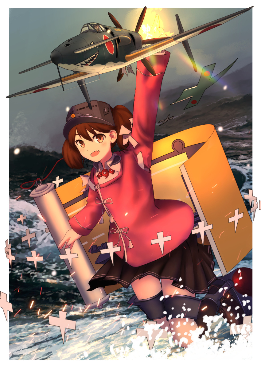 1girl, aircraft, airplane, brown_hair, brown_skirt, clouds, cloudy_sky, highres