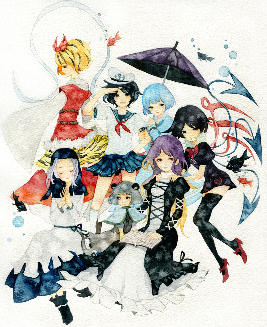 animal_ears, black_legwear, black_thighhighs, book, capelet, closed_eyes, dress, everyone