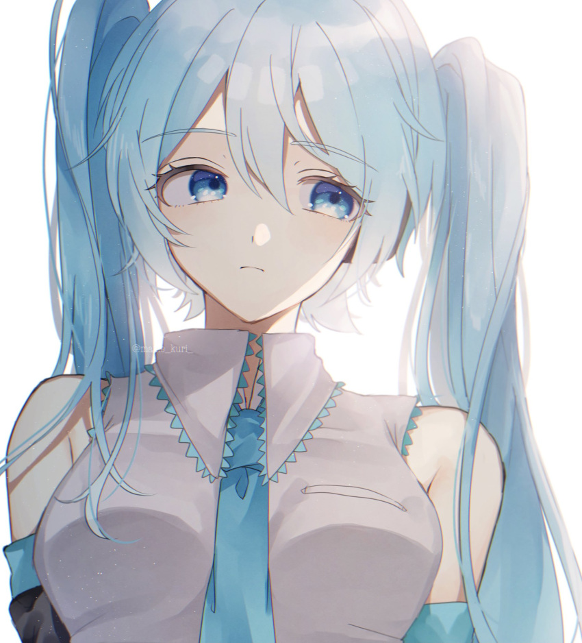 1girl, aqua_hair, backlighting, between_breasts, black_sleeves, blue_eyes, blue_neckwear, breasts