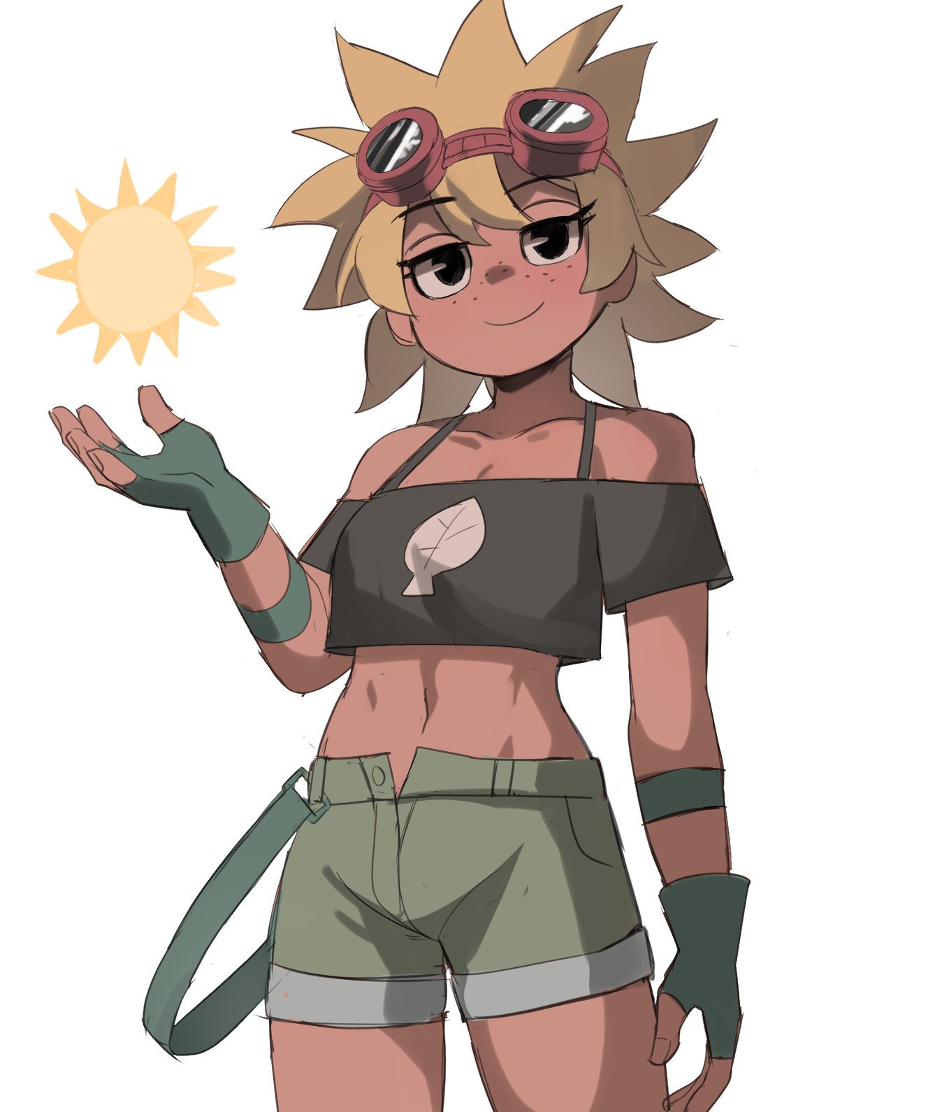 1girl, bare_shoulders, black_shirt, blonde_hair, cowboy_shot, crop_top, dark-skinned_female, dark_skin, eyewear_on_head, female, female_focus, fingerless_gloves, gloves, green_gloves, green_shorts, highres, jourd4n, midriff, navel, off-shoulder_shirt, off_shoulder, personification, plants_vs_zombies, shirt, shorts, smile, solar_flare_(plants_vs_zombies_heroes), sun, sunflower_(plants_vs_zombies), sunflower_(plants_vs_zombies)_(peargor), tomboy