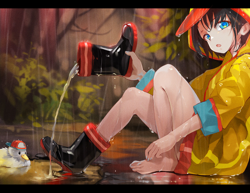 1girl, aqua_eyes, bangs, black_hair, boots, duck_hood, eyebrows_visible_through_hair, highres, holding, holding_shoes, hololive, hood, hood_up, looking_at_viewer, nail_polish, oozora_subaru, open_mouth, outdoors, rain, raincoat, rubber_boots, shoe_removed, shoes, short_hair, sitting, subaru_duck, virtual_youtuber, wet, wet_clothes, yoshikawa_hiro